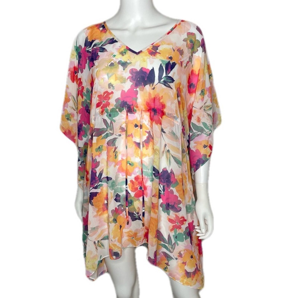 Calvin Klein Women's Floral Print V-Neck Hi-Low Hem Swimsuit Coverup sz S/M